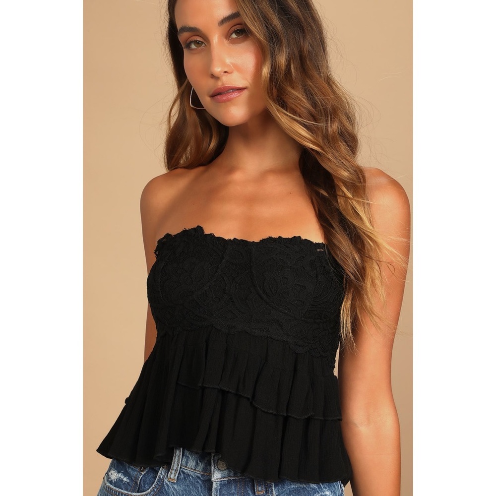 Free People Adella Corset Cami Black Lace Tiered Strapless Top
